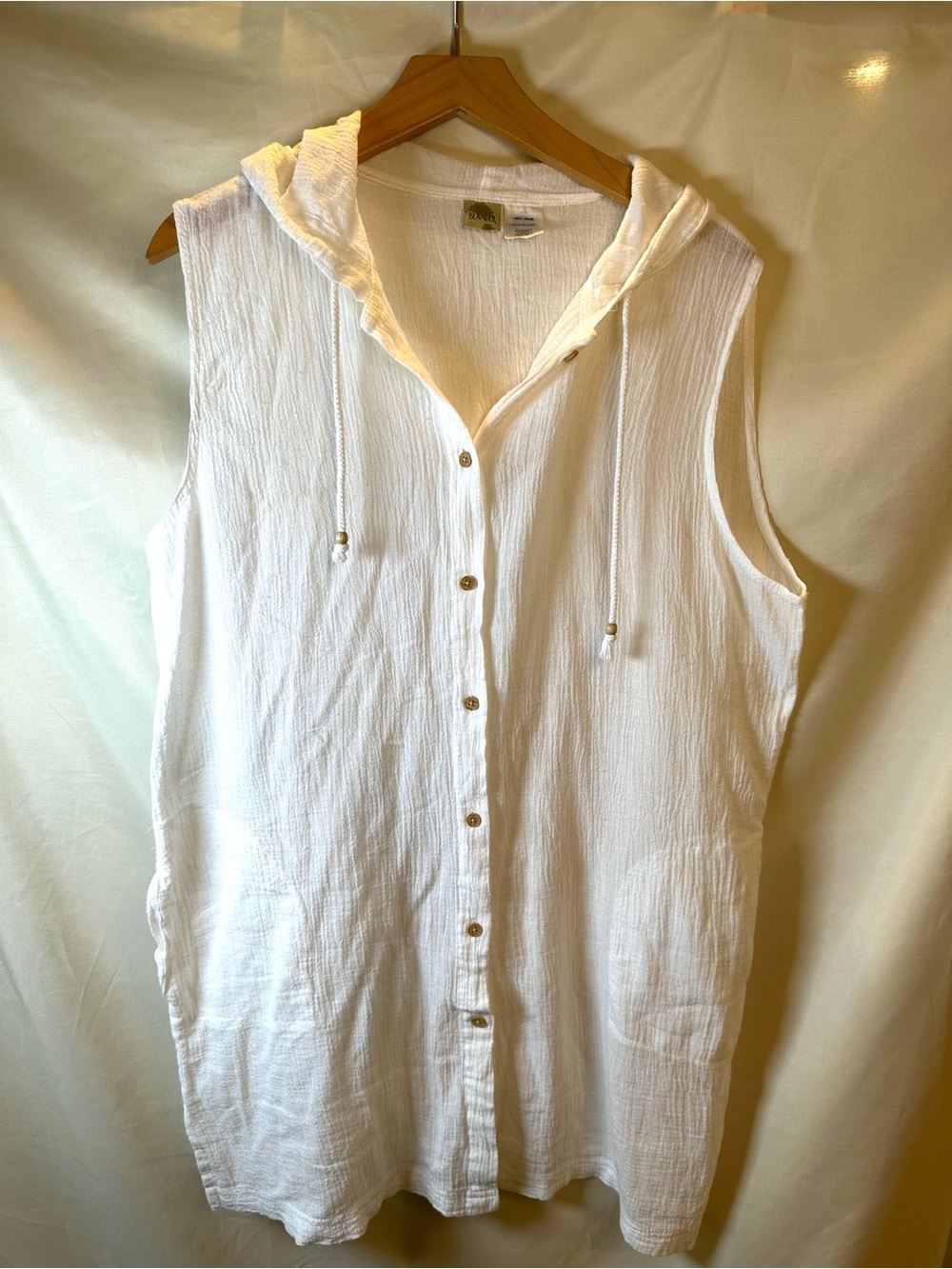Beach cover-up 100% cotton Sleeveless White Hooded Gauze Tunic pockets coastal